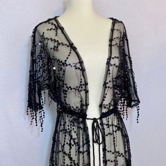 Sheer Black Lace Beach Coverup Robe with Sequins - Picture 6 of 14